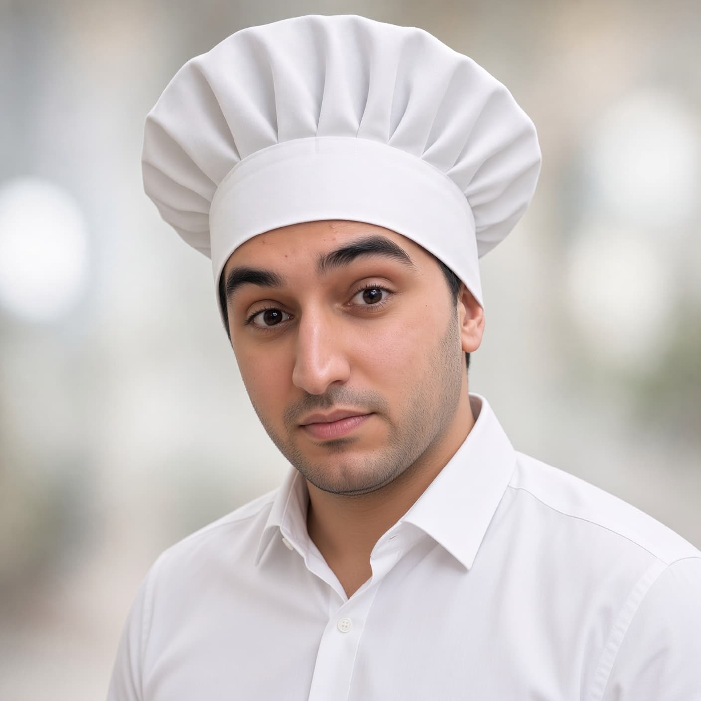 Porträt von Hikmet Selim Kuzucanli in weißer Kochjacke und Kochmütze, mit ruhigem Blick in die Kamera.