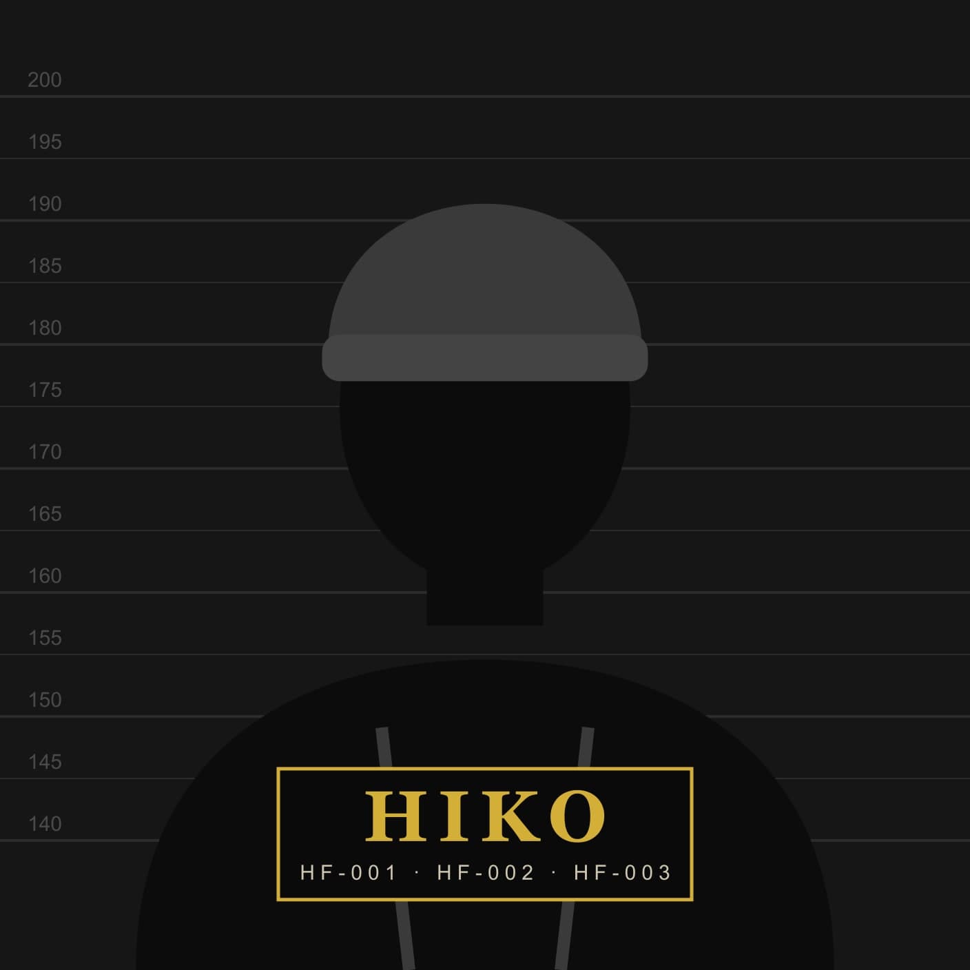 Gezeichnete Silhouette ohne Gesicht vor einer Messlatte, mit Mütze und Schürzenträgern. Vor der Brust eine Tafel mit der Aufschrift „HIKO“ und den Aktenzeichen. Ein Foto liegt dem Archiv bewusst nicht bei.
