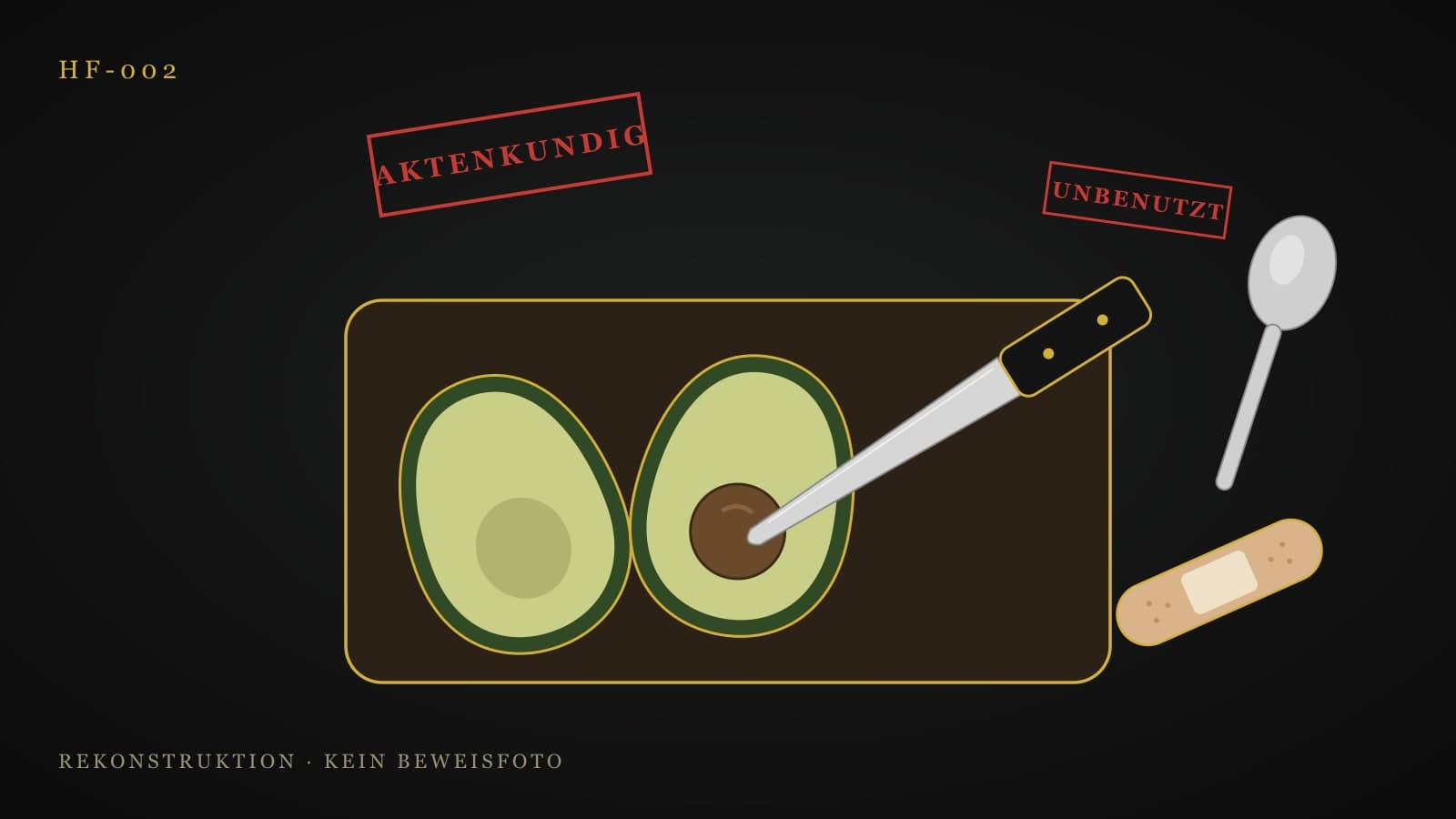 Zeichnung statt Foto: zwei Avocadohälften auf einem Schneidebrett, in der einen steckt ein Messer mit der Spitze im Kern. Daneben ein Pflaster und ein Löffel mit dem roten Vermerk „Unbenutzt“.